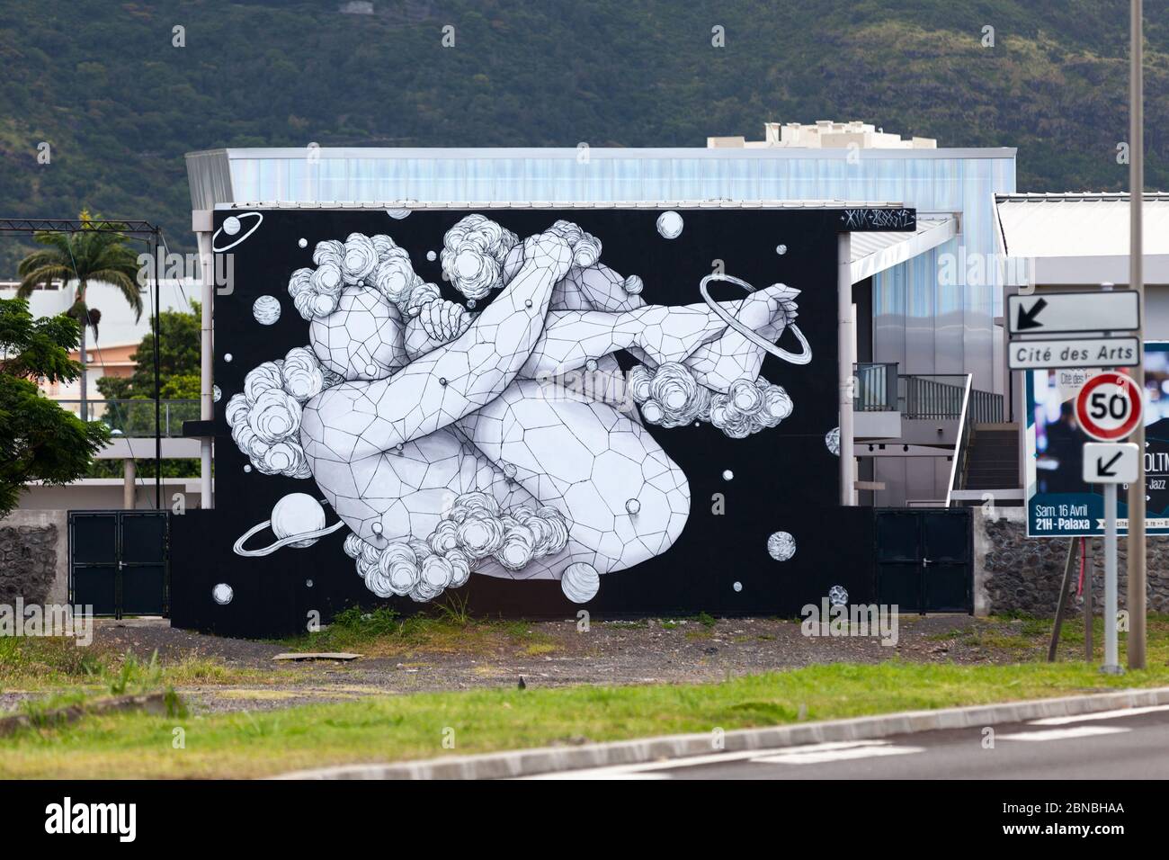 Saint-Denis, la Réunion - avril 10 2016 : fresque murale sur le mur de la Cité des Arts par Kid kréol & Boogie, deux artistes de rue célèbres de l'île de la Réunion W Banque D'Images