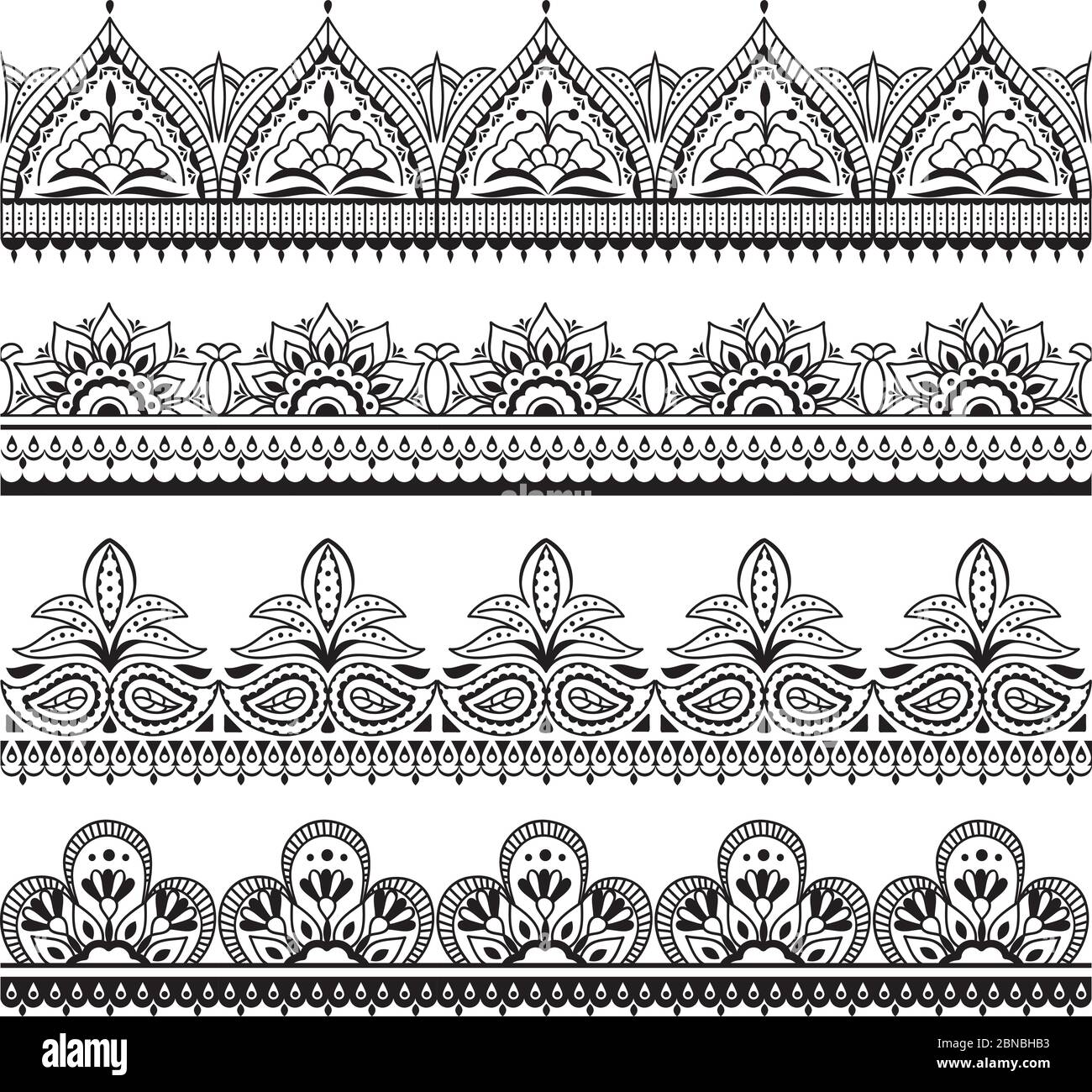 Motif indien Mehndi. Henné oriental sans couture. Décoration florale indienne cadres vectoriels. Illustration de l'embellissement du motif de tatouage sans couture de bordure Illustration de Vecteur