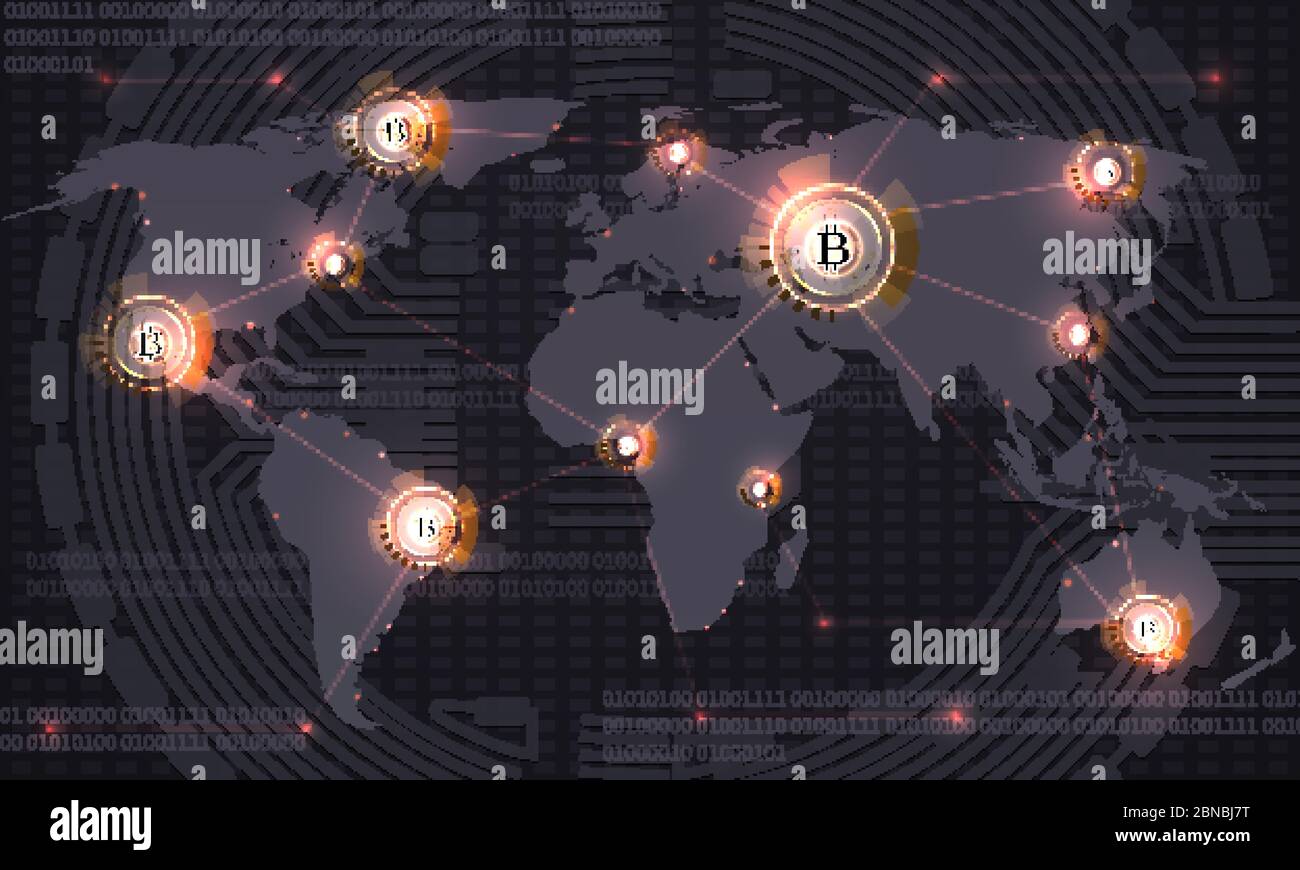 Bitcoin global. La technologie de la chaîne de blocs de crypto-monnaie et  la carte du monde. Fond abstrait du vecteur de commerce de devises Crypto.  Paiement Internet de finance, bitcoin en monnaie,