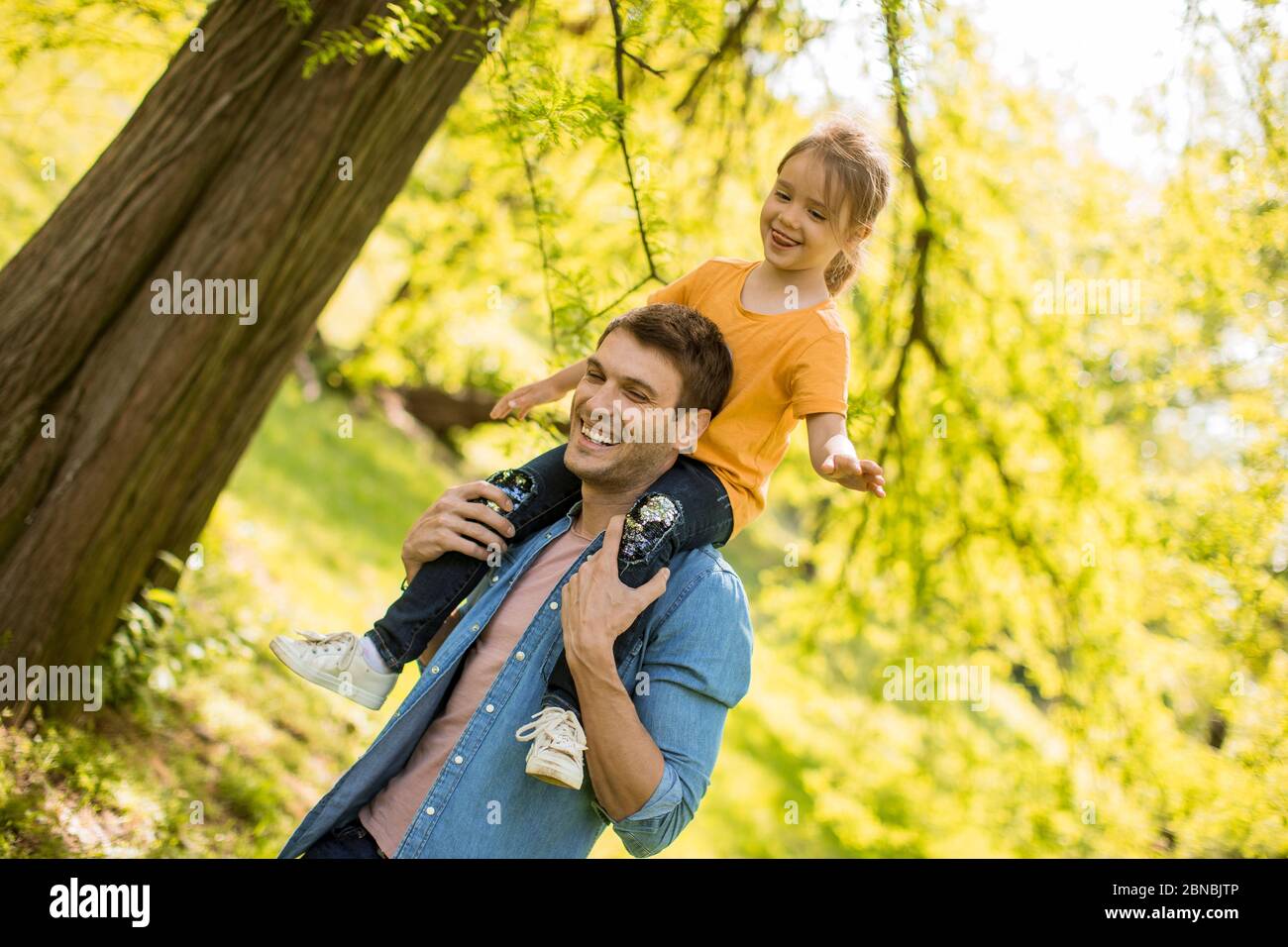 Petite fille mignonne assise sur les épaules du père dans le parc par une journée ensoleillée Banque D'Images