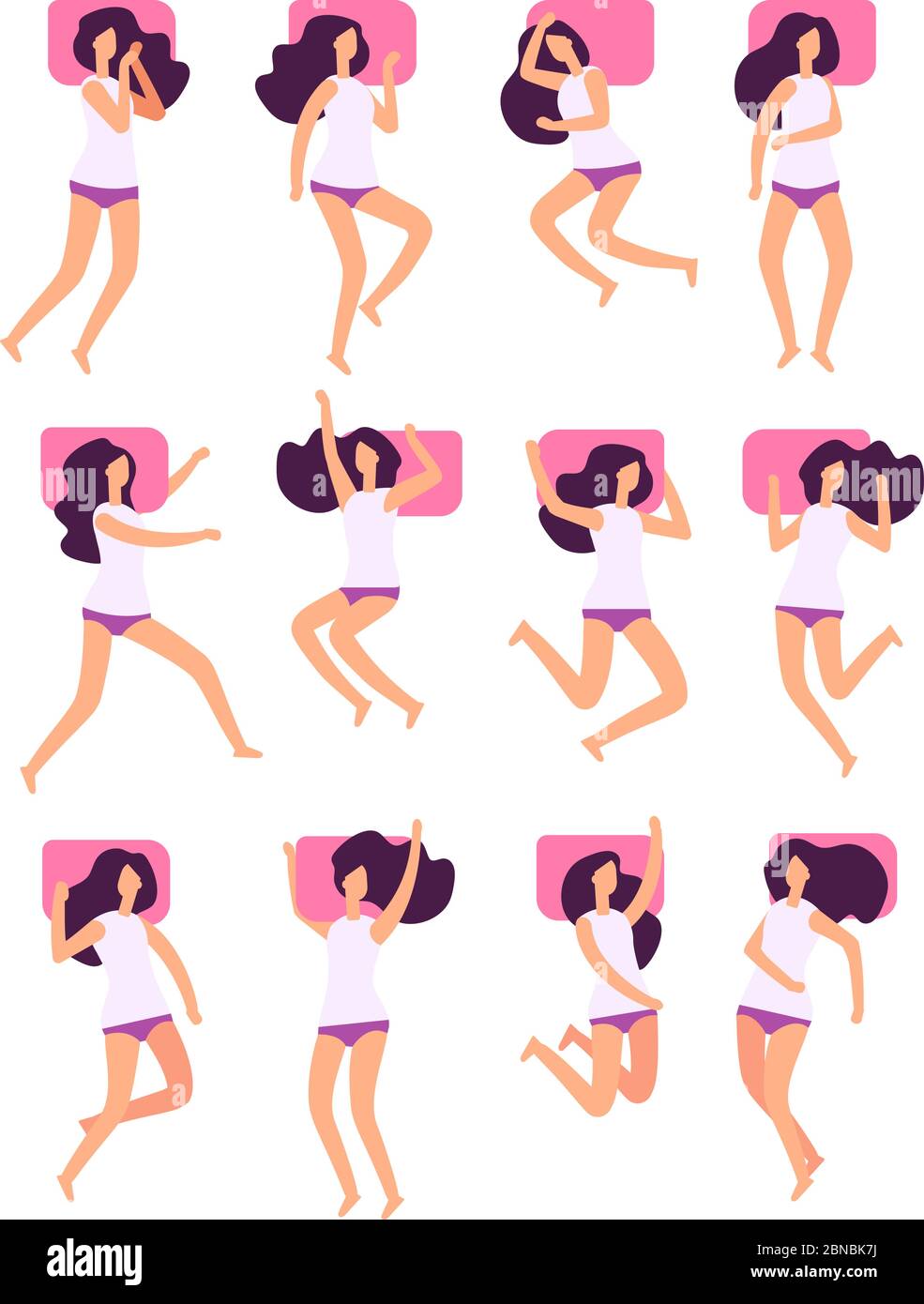 Poses de sommeil. Femme dort dans différentes postures avec oreiller. Sommeil féminin allongé dans un ensemble de vecteurs de lit. Illustration de la position de repos de la femme, poser le sommeil Illustration de Vecteur