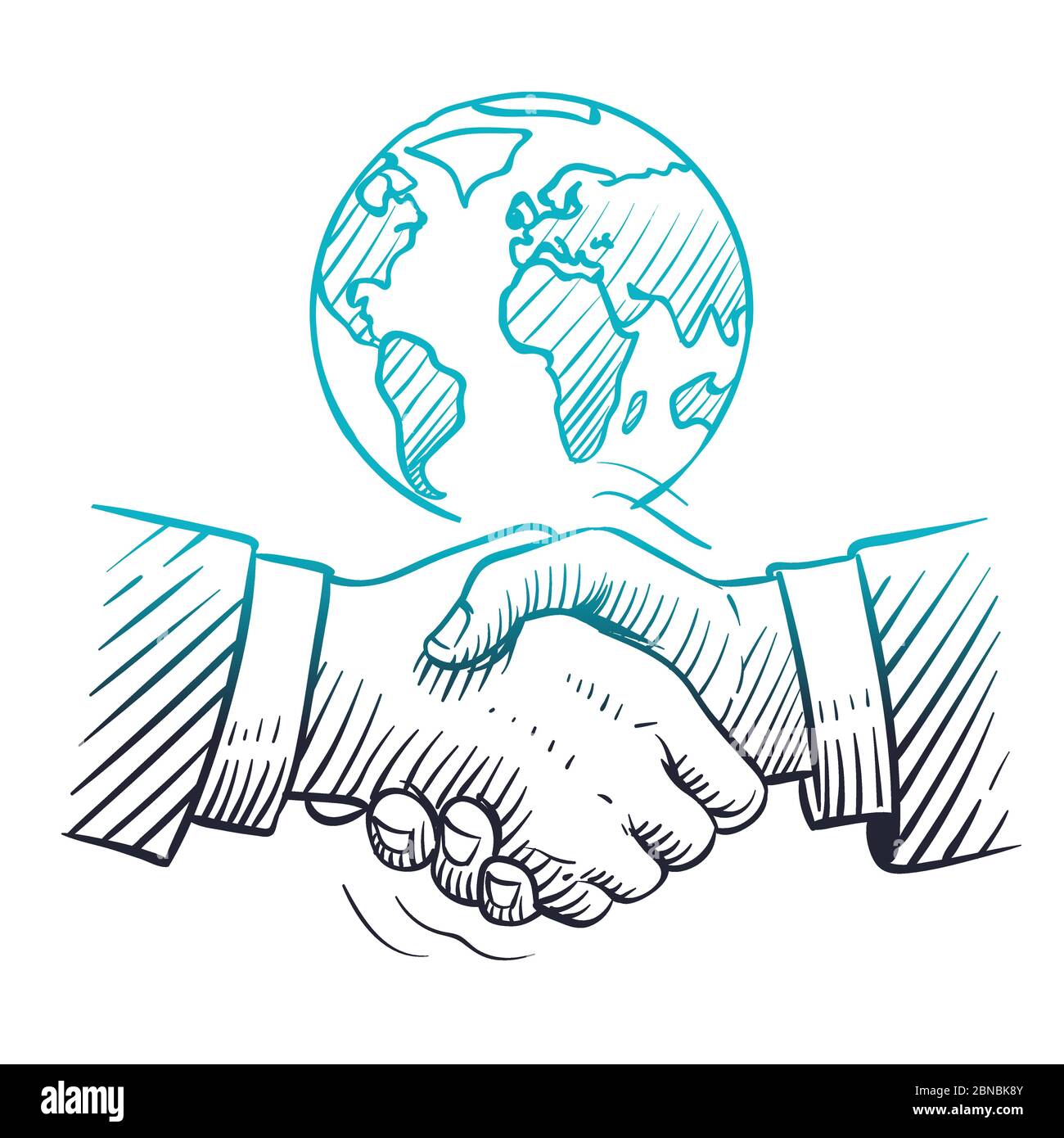 Poignée de main tirée à la main. Concept commercial international avec poignée de main et globe. Esquisser l'arrière-plan du vecteur de leadership du partenariat mondial. Illustration de respect partenaire et de félicitations Illustration de Vecteur