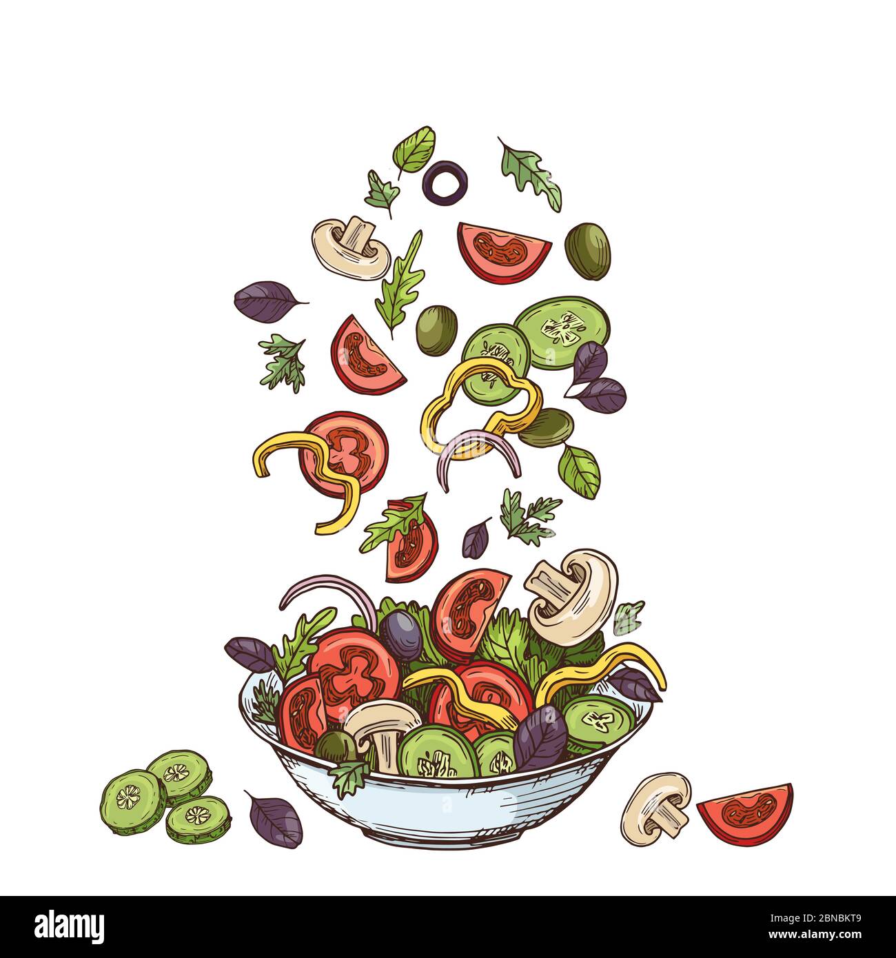 Fond de salade. Ingrédients alimentaires sains dessinés à la main. Champignons concombres, tomates olives et feuilles de laitue. Repas végétarien Vector. Illustration de la salade de poivre et de champignons biologiques Illustration de Vecteur