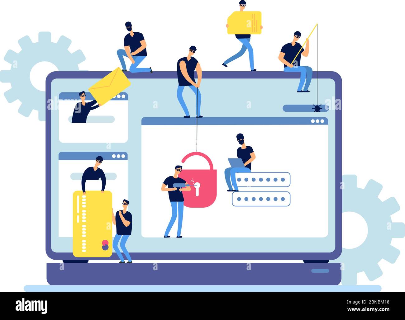 Les pirates informatiques volent des informations. Les cyber-criminels piratant les données personnelles de l'ordinateur. Concept de vecteur d'activité Internet de sécurité Web et de piratage. Les pirates débloquent des informations, volent et criminlent des données informatiques Illustration de Vecteur