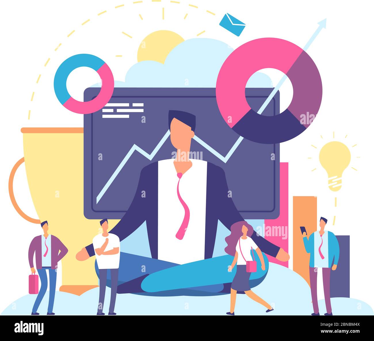 Concept de méditation. Homme d'affaires dans la pleine conscience émotionnelle méditant du processus de travail. Illustration du vecteur de calme et de travail. Yoga relax, position de concentration, méditant temps de pause zen Illustration de Vecteur