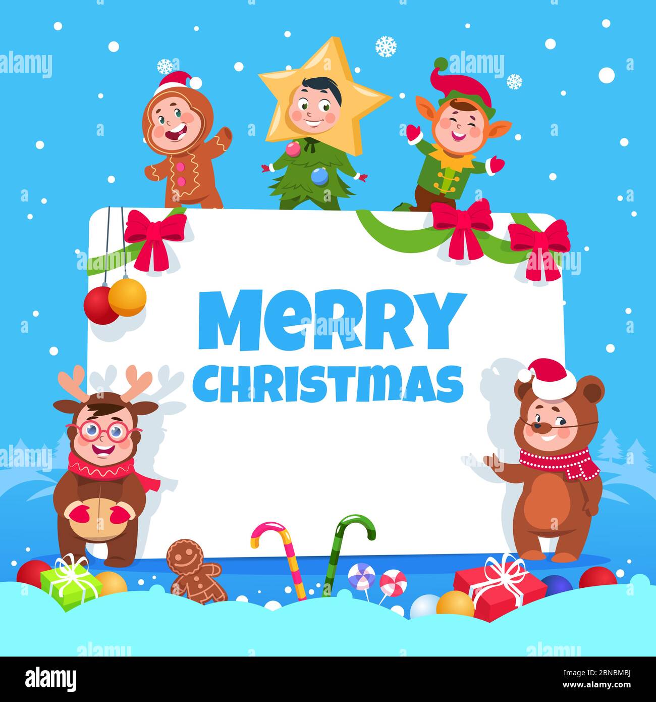 Carte De Vœux De Joyeux Noel Enfants En Costumes De Noel Dansant A La Fete Des Enfants D Hiver Poster Vectoriel Noel Fete Enfants Illustration De Fete De Noel Image Vectorielle Stock