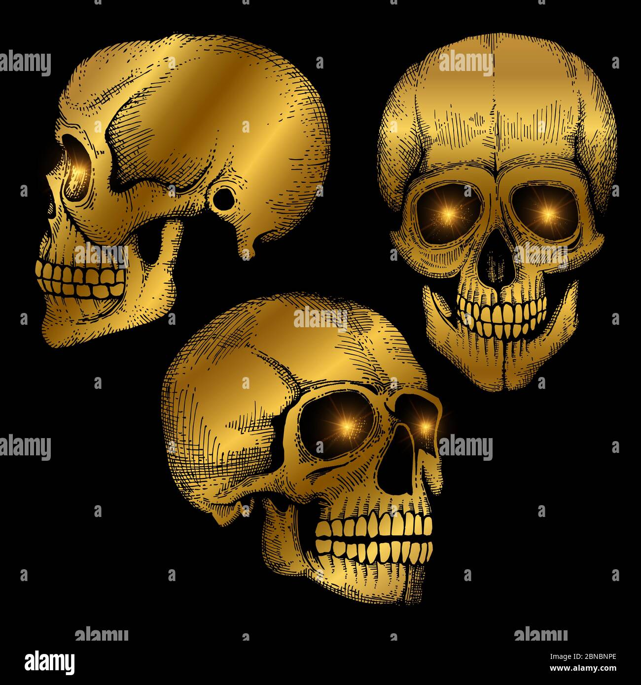 Mort vectorielle tirée à la main Skulls dorés humains effrayants sur fond noir illustration isolée sur noir Illustration de Vecteur