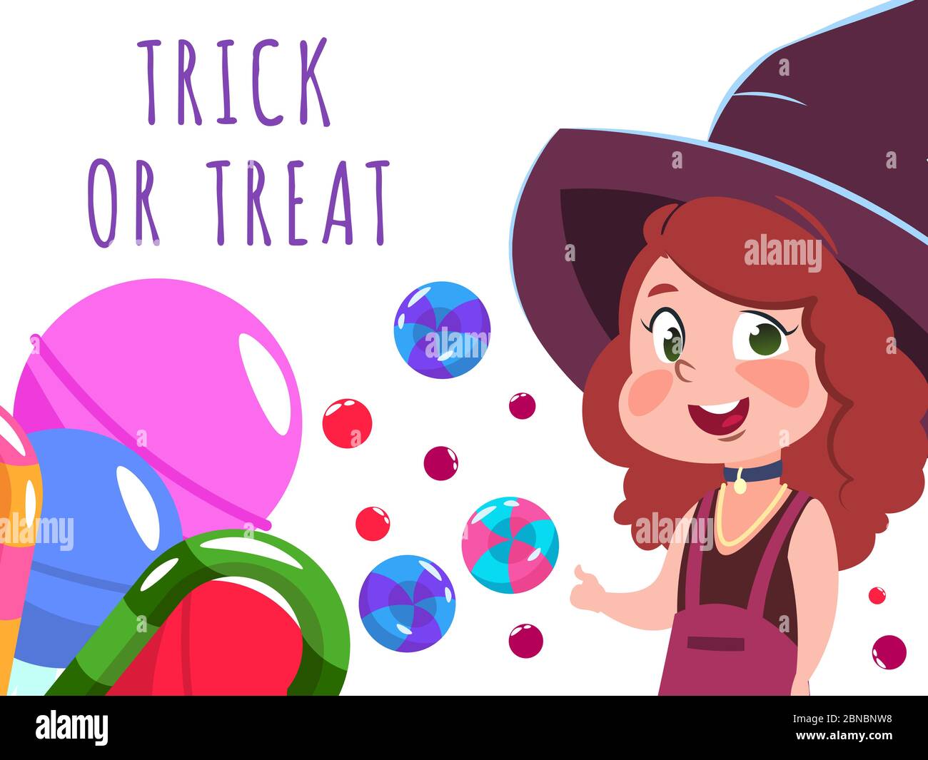 Bannière Halloween avec personnage de dessin animé sorcière et bonbons. Illustration vectorielle Illustration de Vecteur