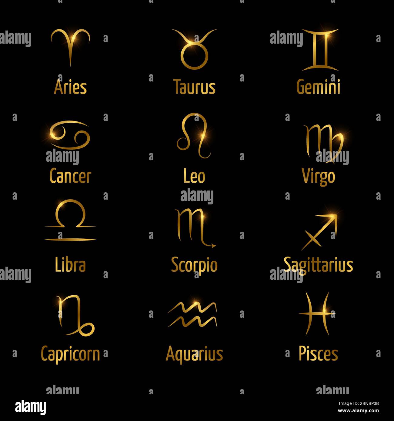 Les symboles vectoriels du zodiaque dessinés à la main brillent l'effet or. Astrologie horoscope zodiaque, vierge et aries, aquarius et gémeaux Illustration de Vecteur