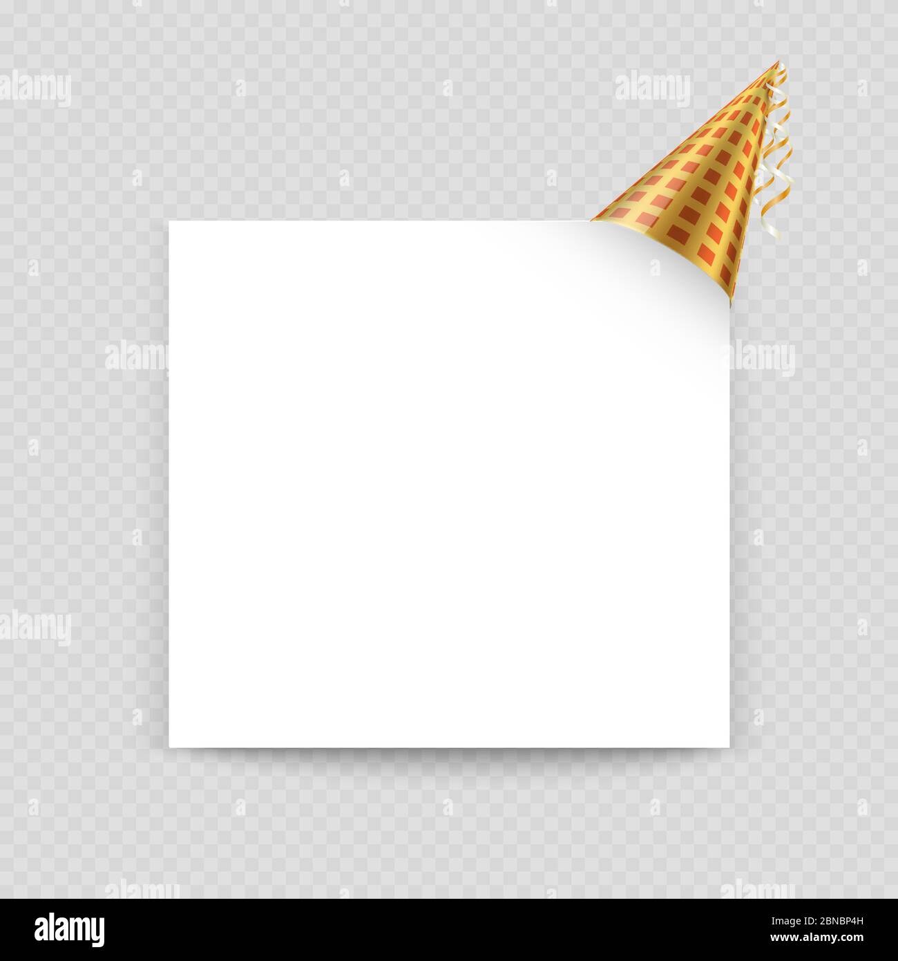 Modèle vectoriel de carte de vœux avec feuille de papier vierge et illustration de chapeau de fête isolée sur gris Illustration de Vecteur