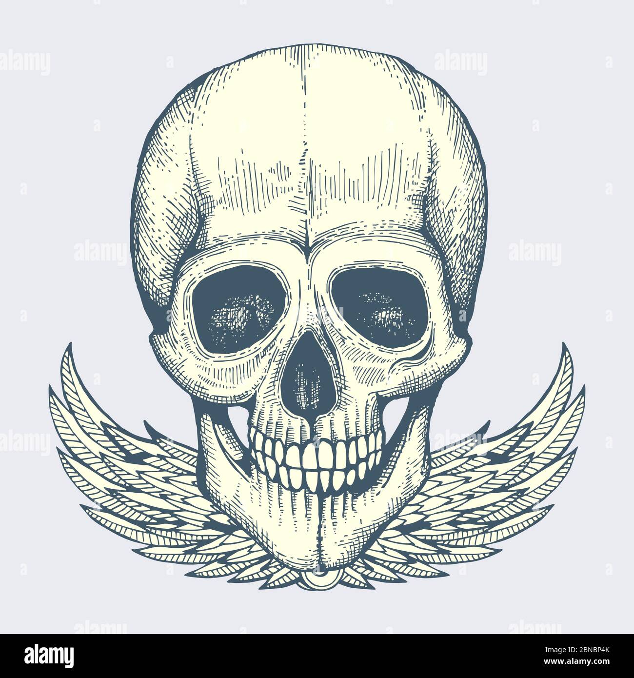 Crâne humain esquissé avec ailes - affiche style motard vintage, motif vectoriel d'étiquette isolé sur fond Illustration de Vecteur