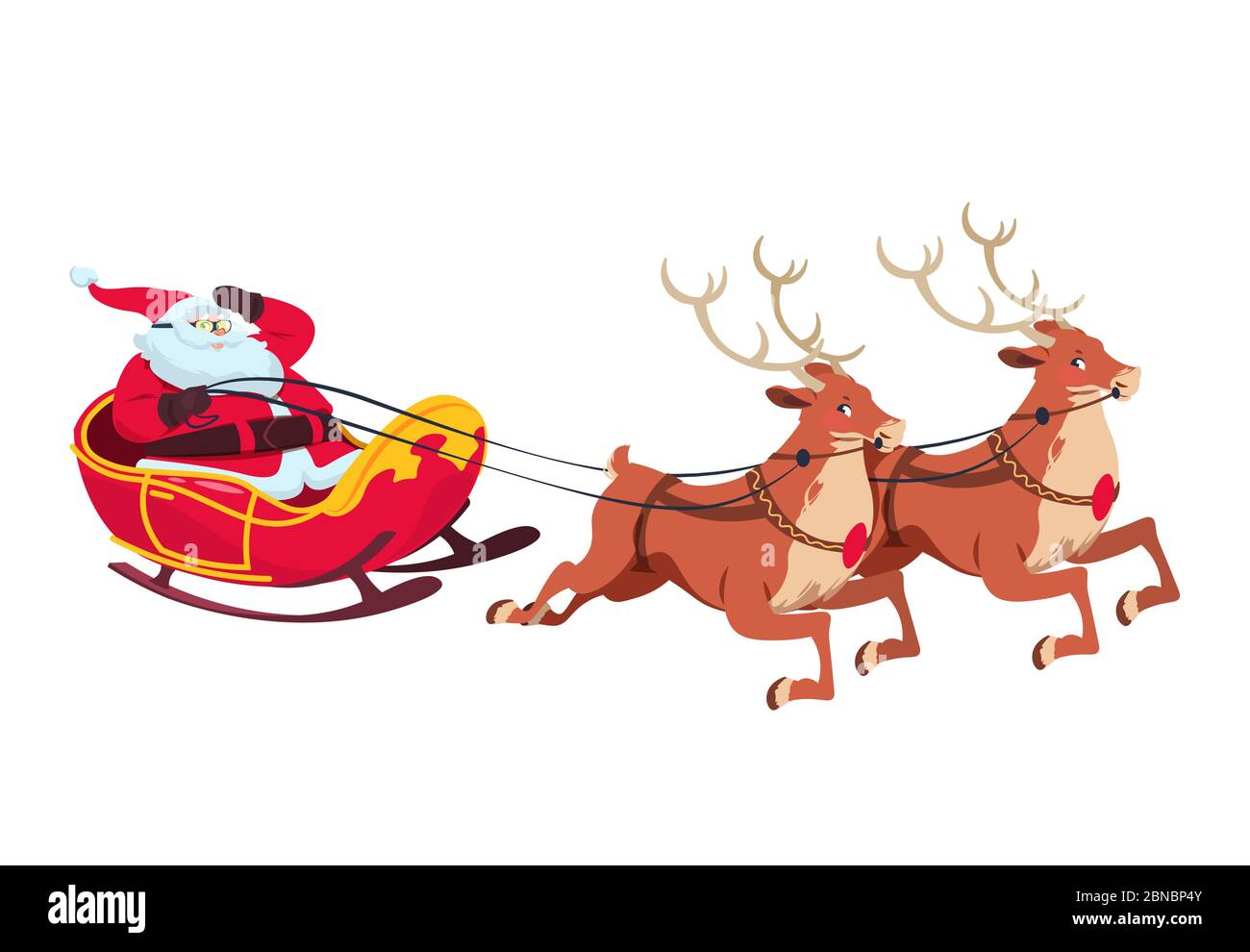 Santa en traîneau avec rennes. Personnages de dessin animé de Noël pour carte de vœux. Illustration vectorielle isolée. Le Père noël et le renne volant Illustration de Vecteur