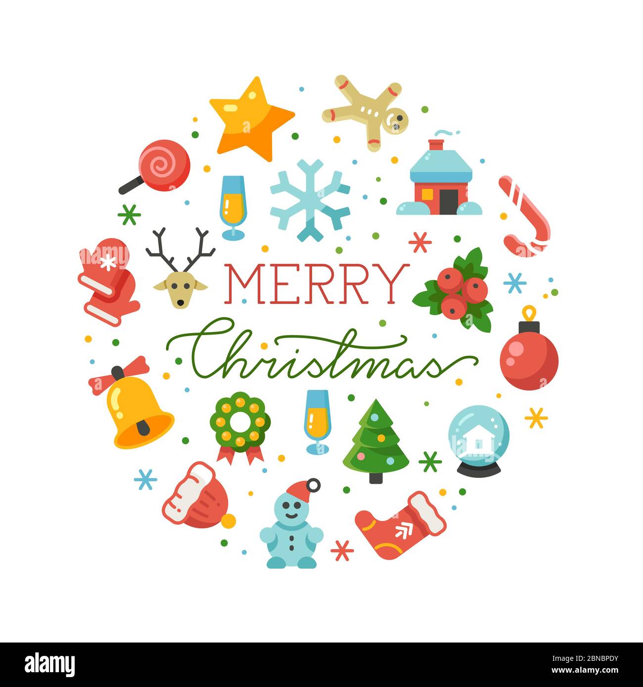 Modèle de bannière circulaire Merry Christmas avec icônes plates isolées sur fond blanc Illustration de Vecteur