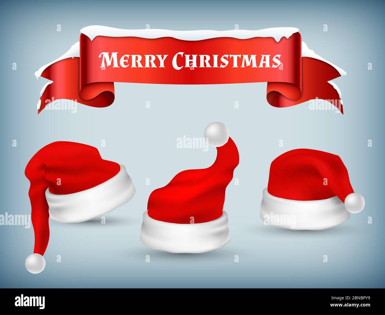 Modèle vectoriel de bannière de Noël d'hiver avec chapeaux de père Noël réalistes et illustration de ruban rouge neige Illustration de Vecteur