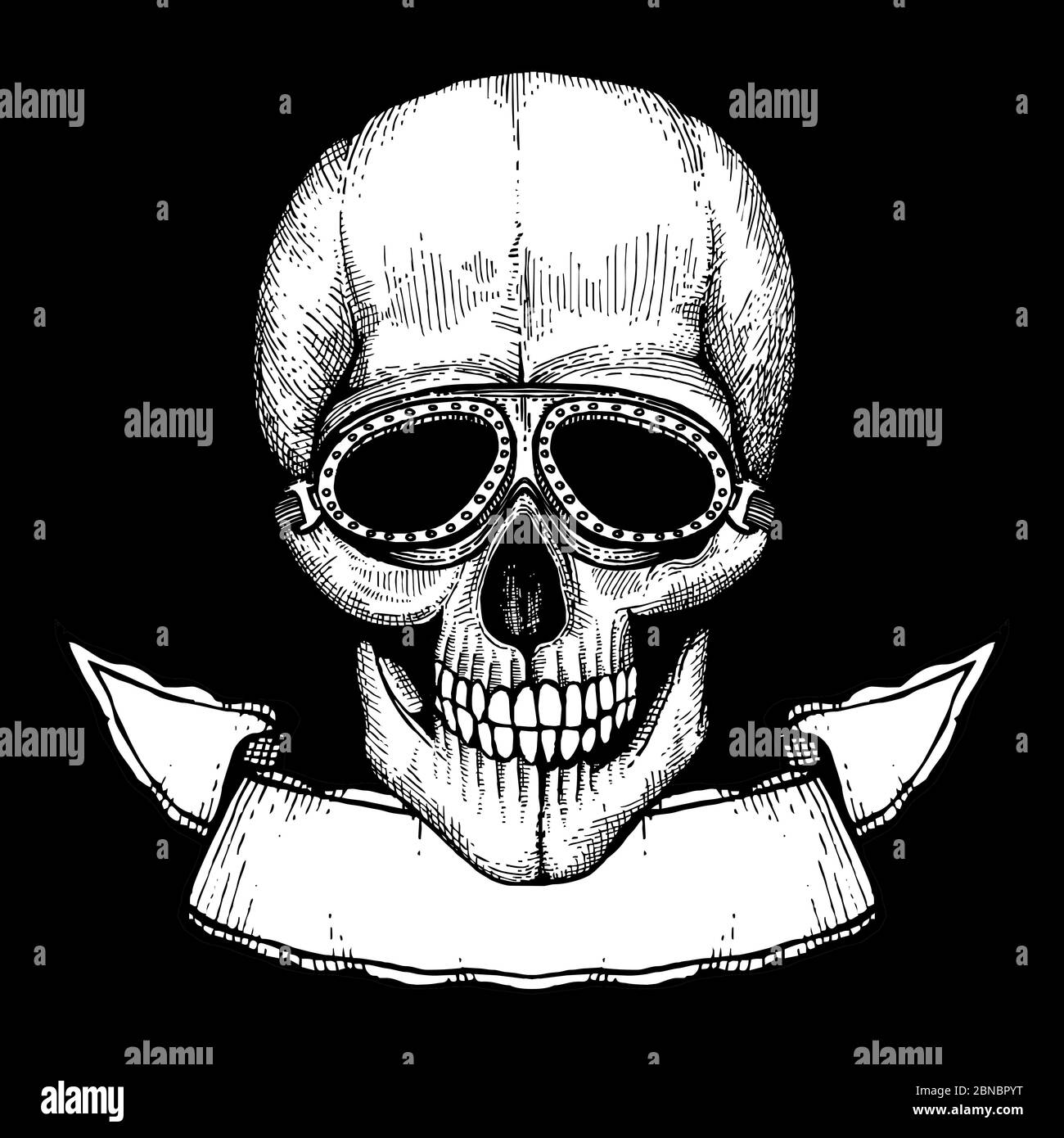 Affiche vectorielle avec tête de mort humaine dessinée à la main, lunettes de motards et bannière en ruban Illustration de Vecteur