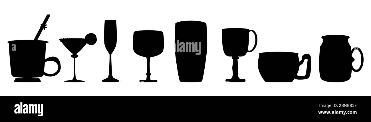 Ensemble de verres à alcool et de tasses en silhouettes noires pour différentes boissons isolées sur fond blanc. Pour bar, bannière, affiche, publicité. Vecteur de brut Illustration de Vecteur