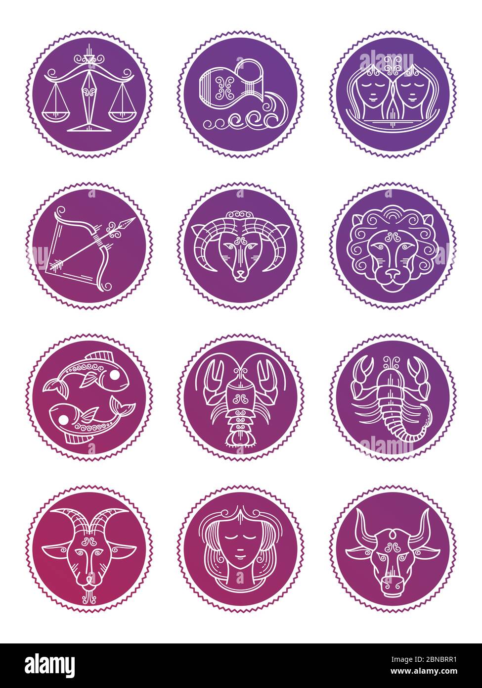 Icônes colorées de lignes d'astrologie de vecteur zodiaque isolées sur fond blanc Illustration de Vecteur
