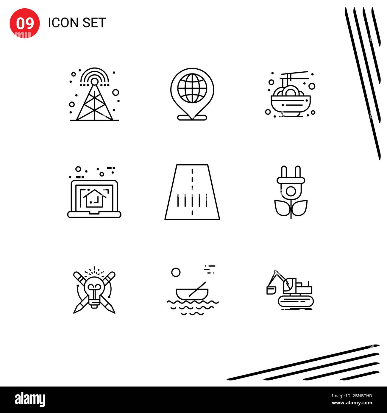 Ensemble de 9 contours vectoriels sur grille pour la route, le plan, la chine, l'ordinateur portable, les éléments de conception vectorielle modifiables à domicile Illustration de Vecteur