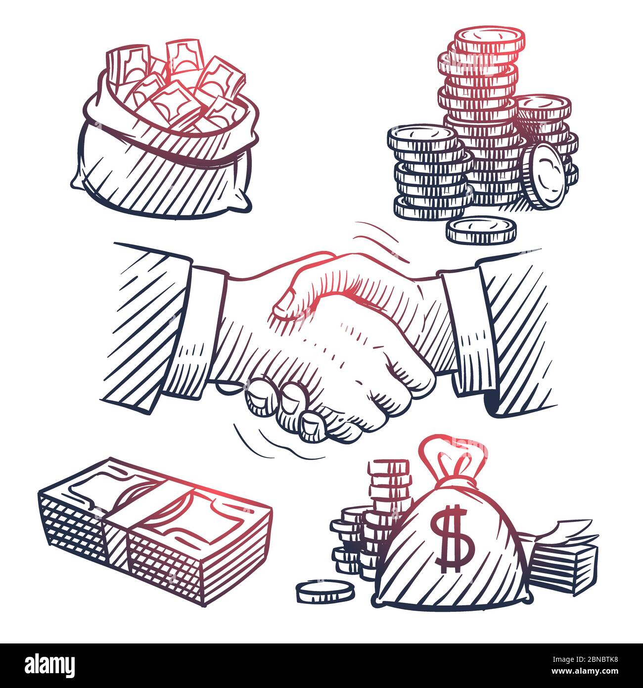 Faites un croquis en secouant la main. Sacs de dollars Doodle, sac d'argent, pièces d'or et symboles d'argent. Concept de vecteur de profit pour les grandes affaires. Illustration de la poignée de main et de l'accord des finances, de l'argent liquide et du travail d'équipe Illustration de Vecteur