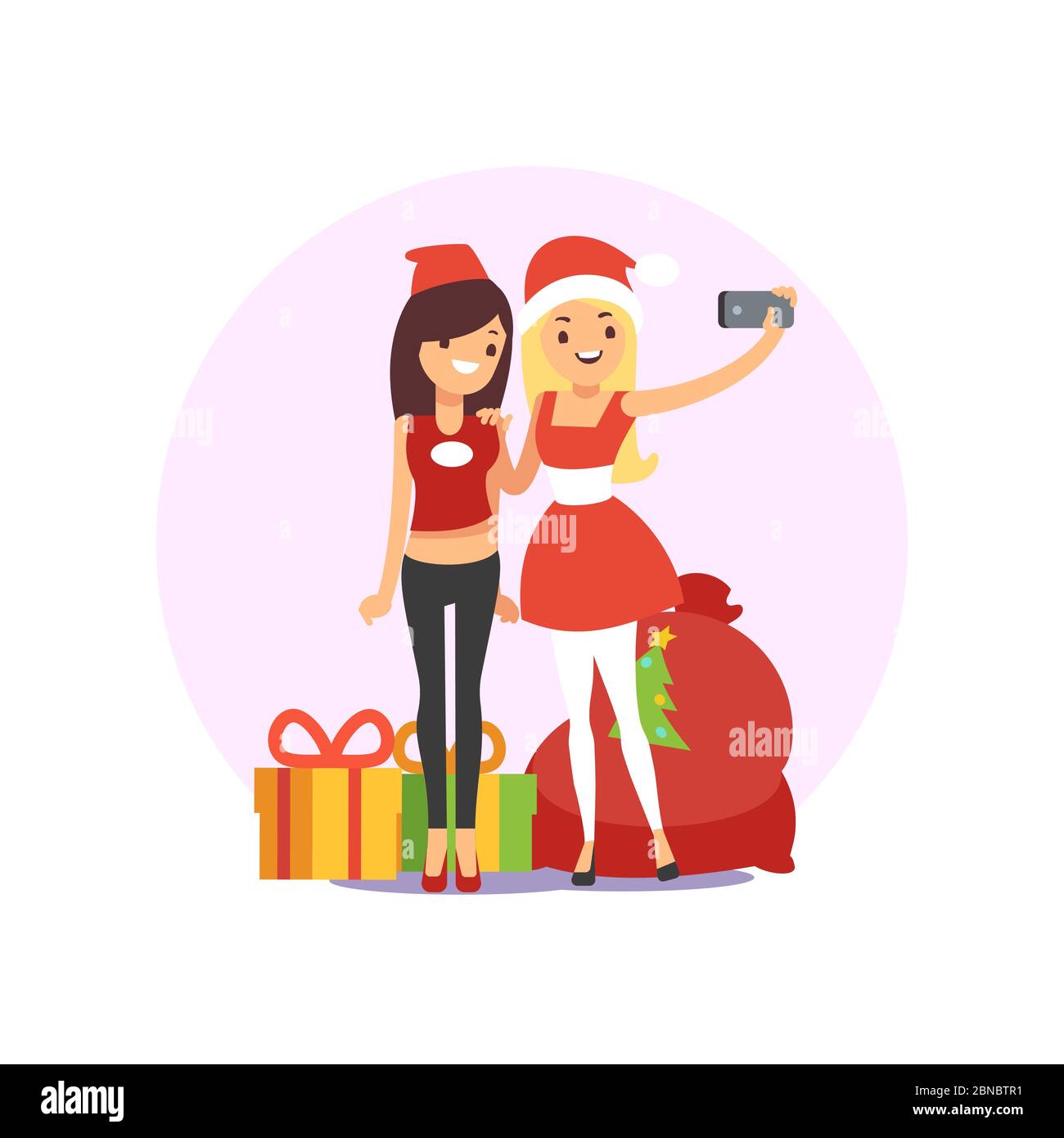 Joyeux souriant jeunes femmes amis prenant photo selfie sur l'illustration vectorielle de fête de Noël isolée sur blanc Illustration de Vecteur