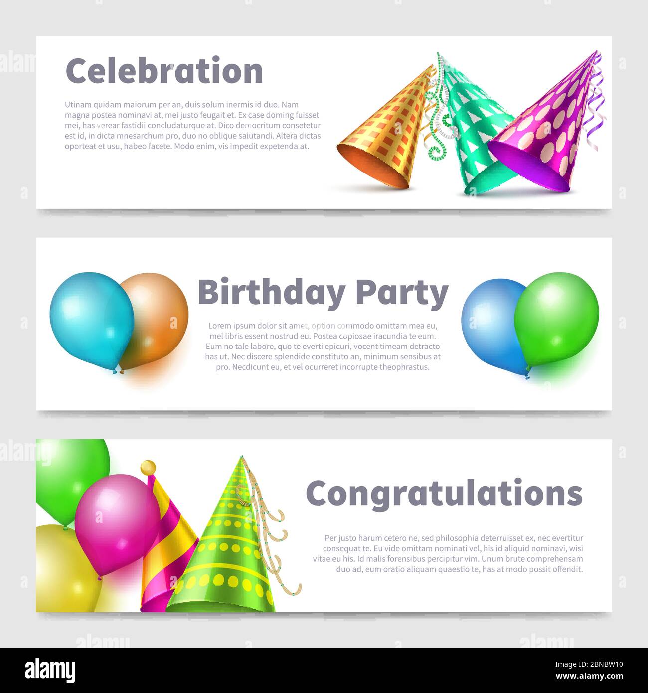 Modèle de bannières de fête avec illustration réaliste de chapeaux de fête et de ballons Illustration de Vecteur