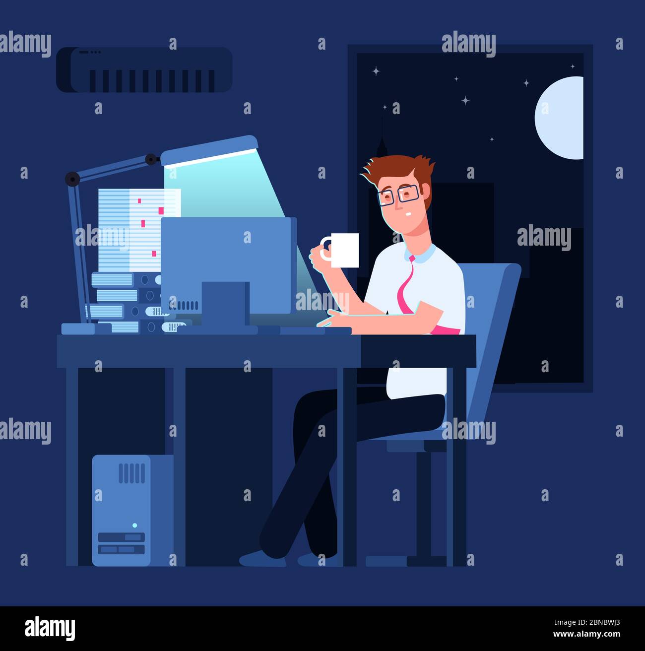 Concept de retard de travail. Homme de nuit au bureau avec pile de papier et ordinateur portable. Arrière-plan de vecteur métier. Illustration d'un homme d'affaires au bureau Illustration de Vecteur