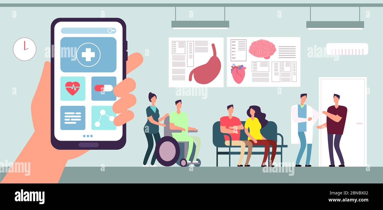 Application médicale. Application de téléphonie mobile pour le secteur de la santé. Patient et infirmière dans la salle d'attente du médecin à l'hôpital. Concept vectoriel de l'application pour smartphone et illustration de l'hôpital médical Illustration de Vecteur