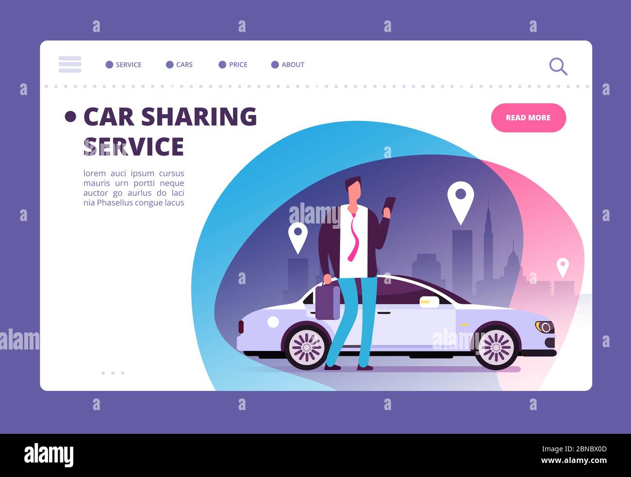 Concept de partage de voiture. Homme d'affaires avec smartphone en voiture dans la rue. Modèle de vecteur de site Web de service de stationnement. Illustration du service de transport en ligne Illustration de Vecteur