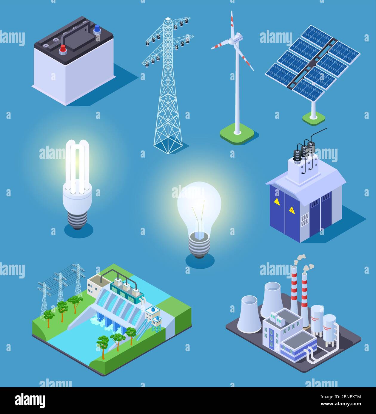 Icônes isométriques de l'alimentation électrique. Générateur d'énergie, panneaux solaires et centrale thermique, centrale hydroélectrique. Symboles de vecteur électrique. Illustration panneau solaire isométrique, générateur de puissance et turbine Illustration de Vecteur