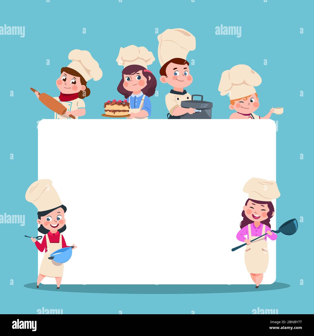Petits cuisiniers. Chef pour enfants avec une grande bannière blanche vierge. Jeu de caractères vectoriels pour étudiants en cours de cuisine. Chef et cuisinier, illustration de la cuisine Illustration de Vecteur