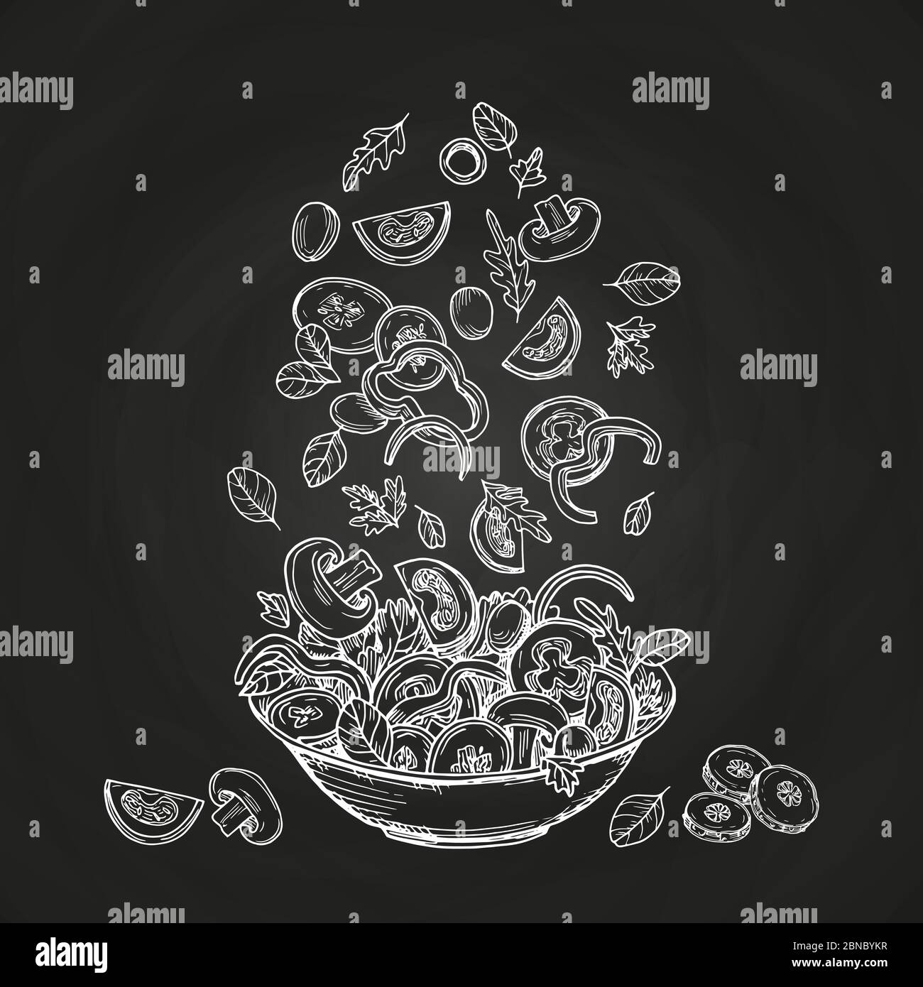 Salade tirée à la main isolée sur fond de tableau noir. Croquis bol alimentaire sain avec tomates, olvies, vert illustration Illustration de Vecteur