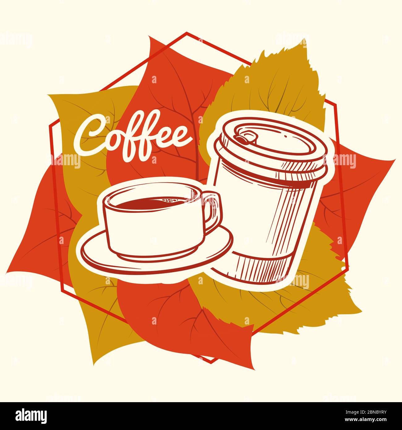 Feuilles d'automne et tasse à café et mug à emporter illustration vectorielle pour imprimé t-shirt, modèle de bannière, autocollants Illustration de Vecteur
