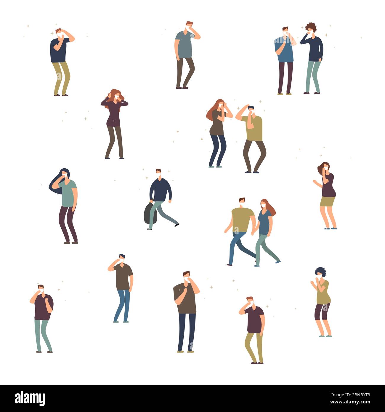Personnage de dessin animé personnes, femmes et hommes dans le masque de poussière isolé sur fond blanc. Personnes mâles et femelles sous masque. Illustration vectorielle Illustration de Vecteur