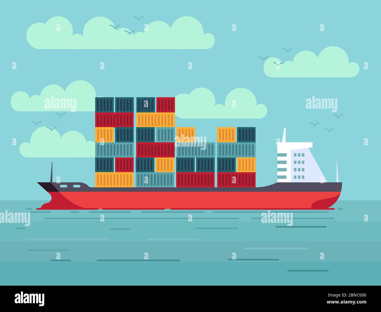 Navire de cargaison avec des conteneurs de couleur dans l'océan ou l'illustration de vecteur d'eau de mer Illustration de Vecteur