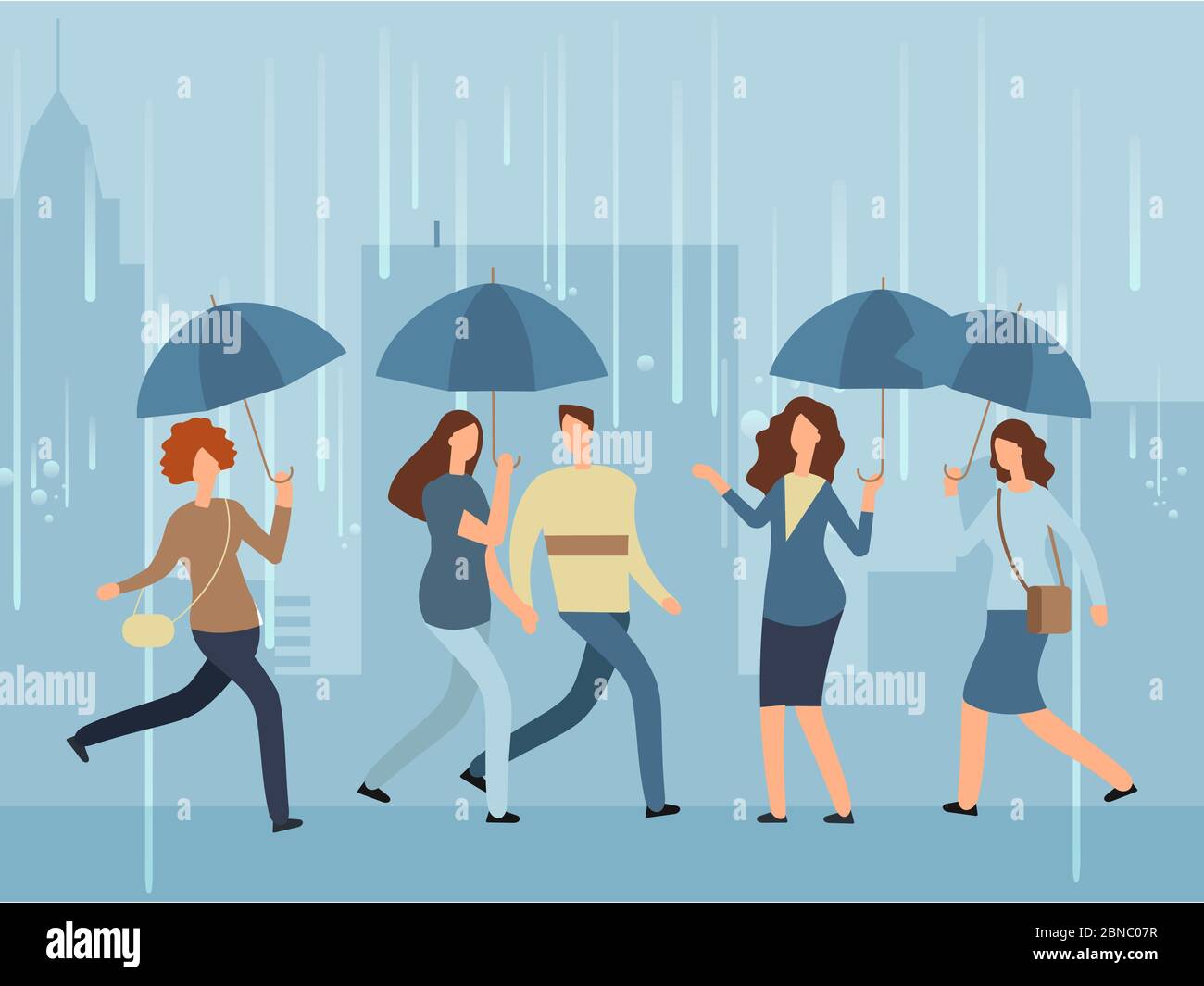 Caricature de gens avec parapluie marchant dans la rue par jour de pluie. Illustration d'une personne vectorielle avec parasol dans une rue à la pluie Illustration de Vecteur