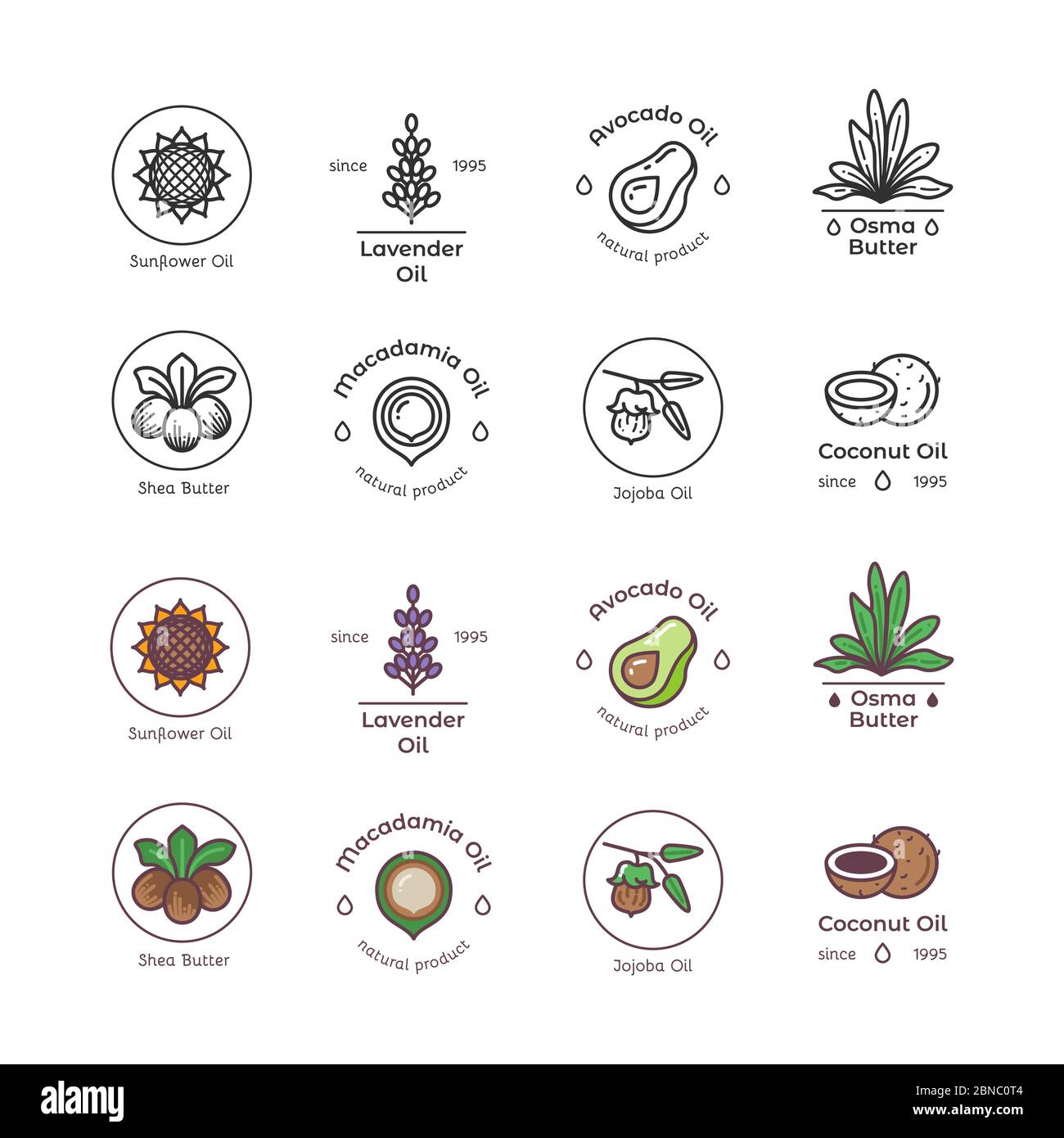 Soin de la peau et beauté cosmétiques bio huile ligne vecteur et coloré emblèmes et logos collection illustration isolée Illustration de Vecteur