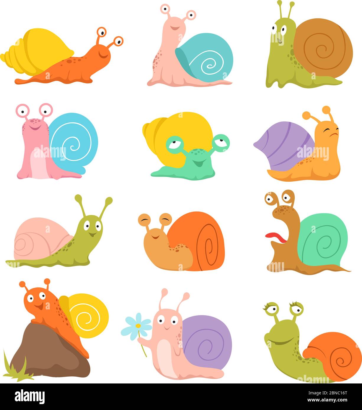 Escargot de dessin animé. Adorable pichet, mollusque avec coquille et escargot. Personnages vectoriels animaux amusants. Escargot, mollusques en coquille, illustration lente de la faune Illustration de Vecteur