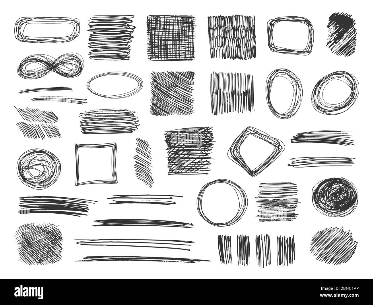 Esquisser des formes. Cadres de griffonnage dessinés à la main. Gribouillages. Ensemble de vecteurs d'isolignes de textures esquissées. Illustration d'une esquisse de gribouillage, un cadre de mise en plan est en forme Illustration de Vecteur