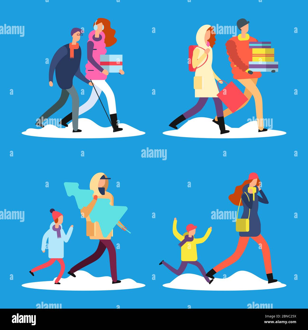 Des gens de dessin animé marchant sur la rue d'hiver. Hommes, femmes, enfants, vieux citoyen dans des vêtements chauds illustration vectorielle Illustration de Vecteur