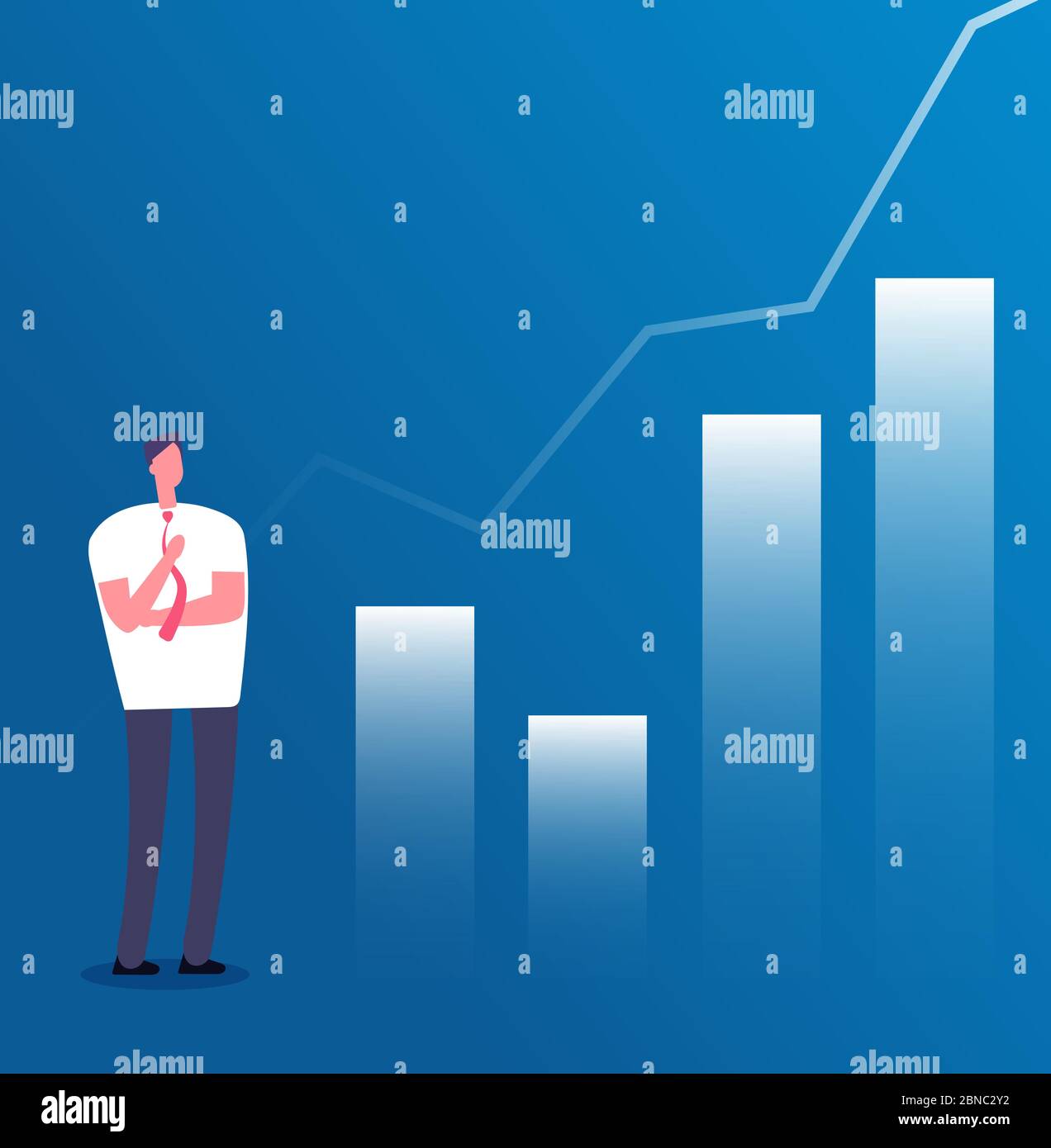 Concept de croissance du marché. Homme d'affaires avec un graphique de croissance. Affiche de vecteur de croissance professionnelle, planification du revenu de placement et entreprise de réussite. Illustration de la finance graphique vers le haut, le bénéfice et l'investissement financier Illustration de Vecteur