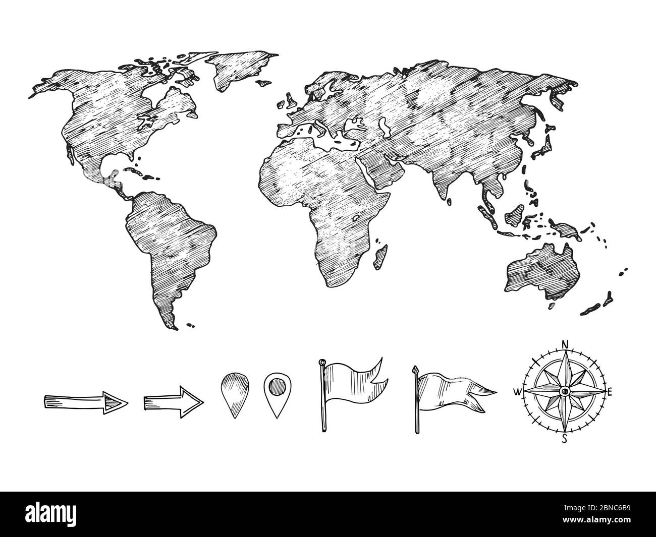 Carte du monde de style esquissé et éléments de navigation illustration vectorielle isolée sur blanc Illustration de Vecteur