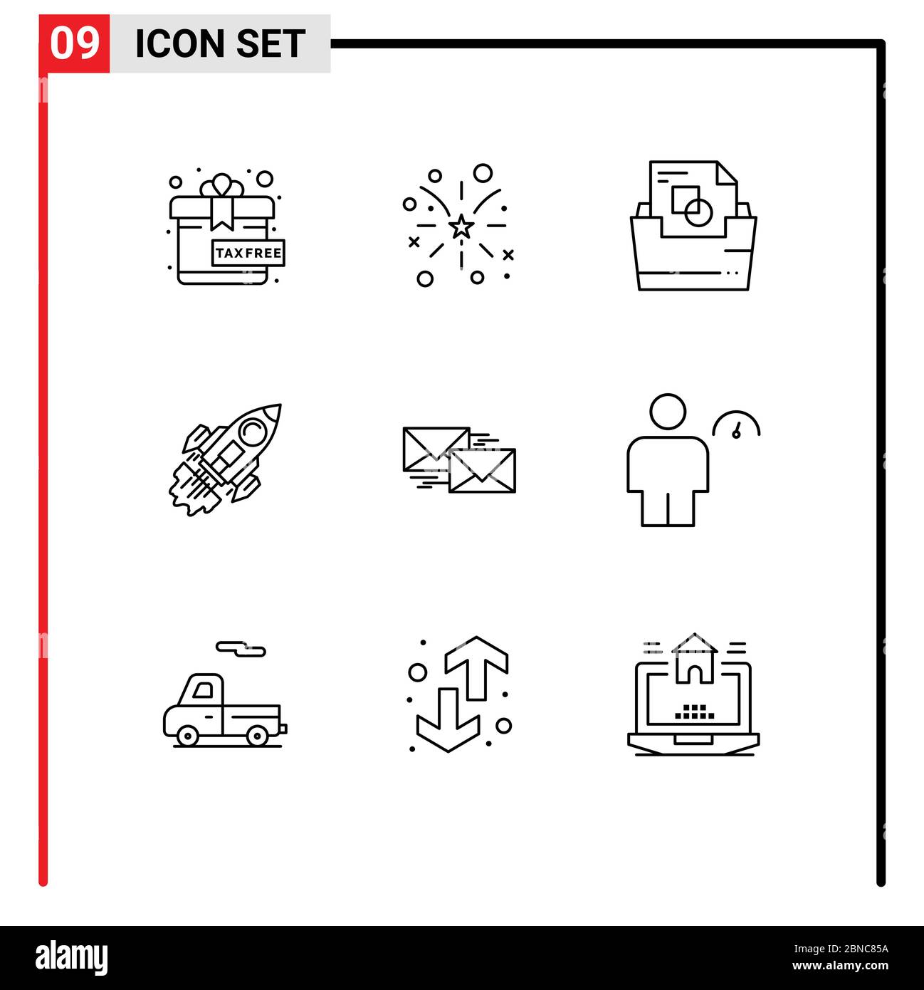 Ensemble de 9 icônes d'interface utilisateur modernes symboles signes pour le courrier, la mission, le dossier de document, le lancement, les éléments de conception vectorielle modifiables par l'entreprise Illustration de Vecteur
