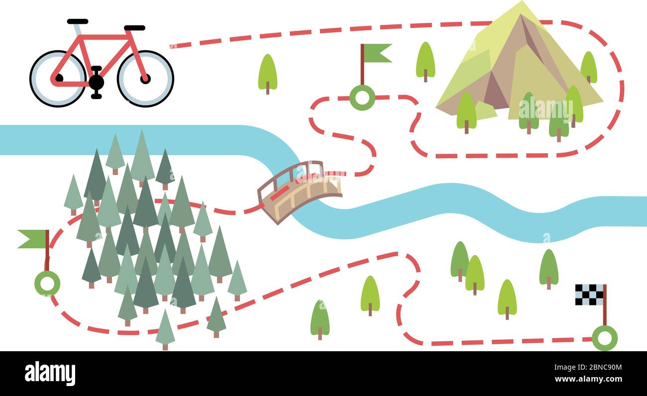 Carte de la piste cyclable. Route de randonnée à vélo, sentier de campagne. Carte vectorielle de la visite aventure en vélo. Illustration de voyage aventure montagne et forêt Illustration de Vecteur