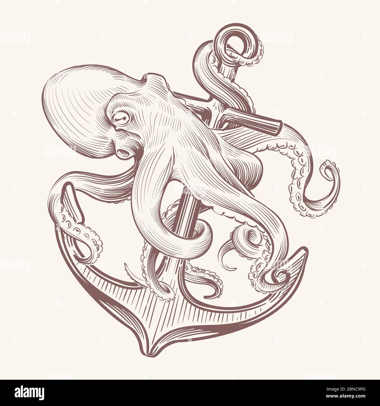 Poulpe avec ancrage. Esquisse mer kraken cald tenant l'ancre de navire. Motif vintage tatouage marine octopus. Illustration de poulpe et d'ancre, animal mythique et crochet Illustration de Vecteur