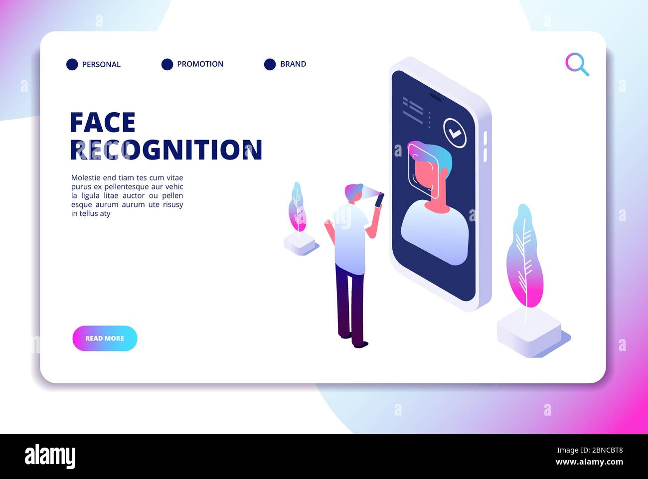 Notion isométrique de reconnaissance de face. Lecteur de smartphone de vérification d'identité. Page d'accueil Personal Identify, face authentique du vecteur de lecture. Illustration de la reconnaissance et du visage du smartphone Illustration de Vecteur