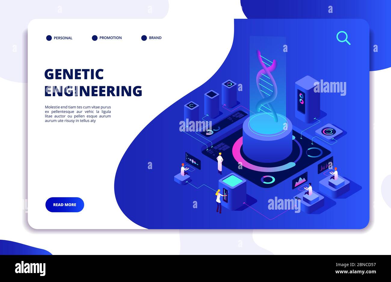 Concept isométrique ADN. Laboratoire de génie génétique avec des spécialistes du développement humain. Médecins recherchant des cellules. Page d'accueil du vecteur de thérapie génique ADN. Laboratoire d'adn génétique, illustration de la biologie médicale Illustration de Vecteur