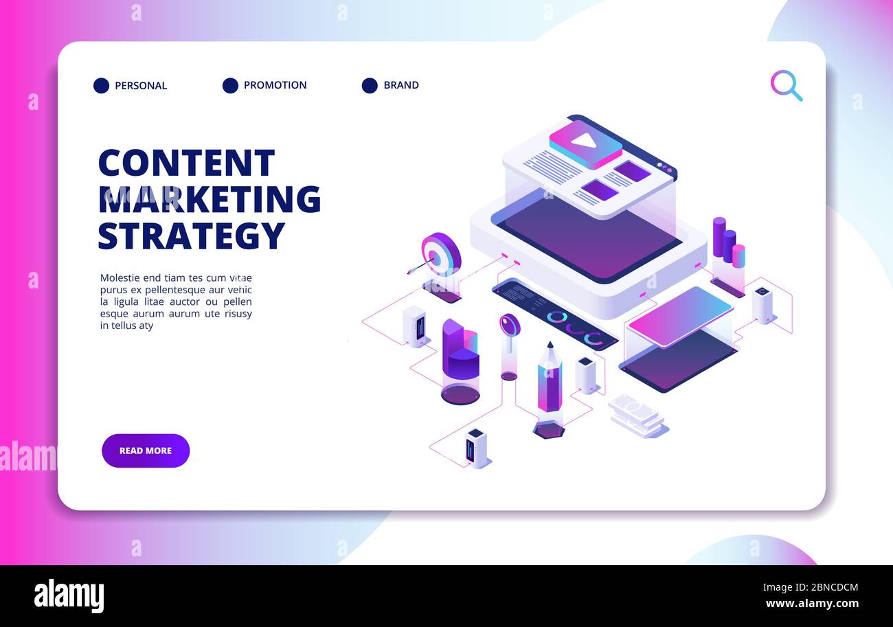 Marketing de contenu. Stratégie de contenu de blog vidéo, promotion du marché numérique. Page de renvoi de vecteur isométrique de publication de site Web. Stratégie de contenu promotion publicitaire, gestion illustration de médias Illustration de Vecteur