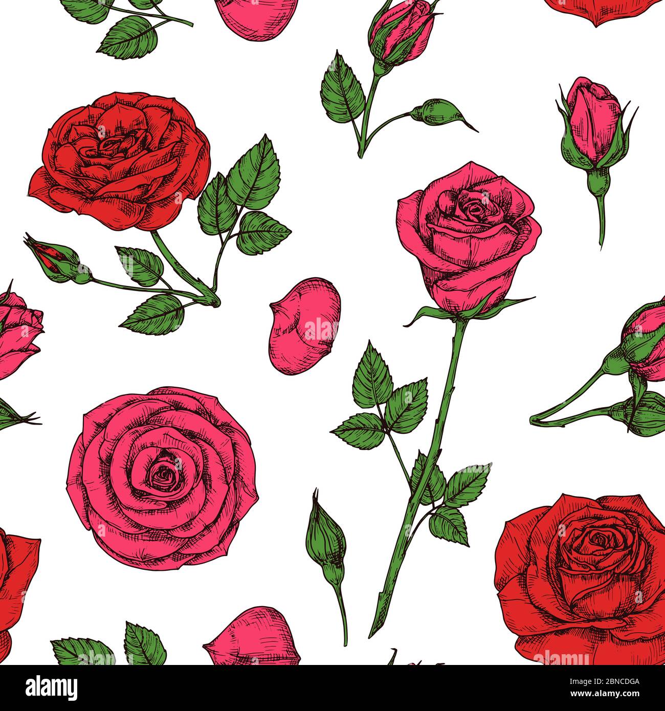 Motif roses. Bouquet de fleurs roses rouges. Motif de dessin vectoriel sans couture à motif fleuri. Illustration d'un fond rose rouge, bouquet sans couture Illustration de Vecteur