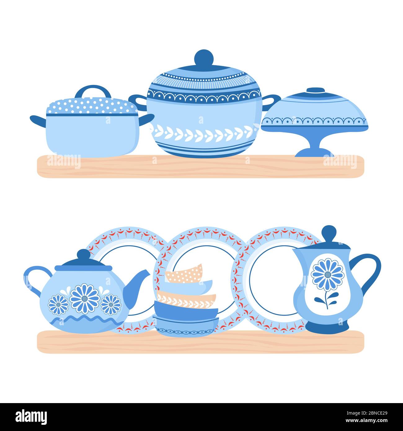 Vaisselle céramique batterie de cuisine. Bols en porcelaine bleue, assiettes, théière et pane sur les étagères en bois. Illustration de la vaisselle Vector en céramique, de l'ustensile de cuisine et de la vaisselle Illustration de Vecteur