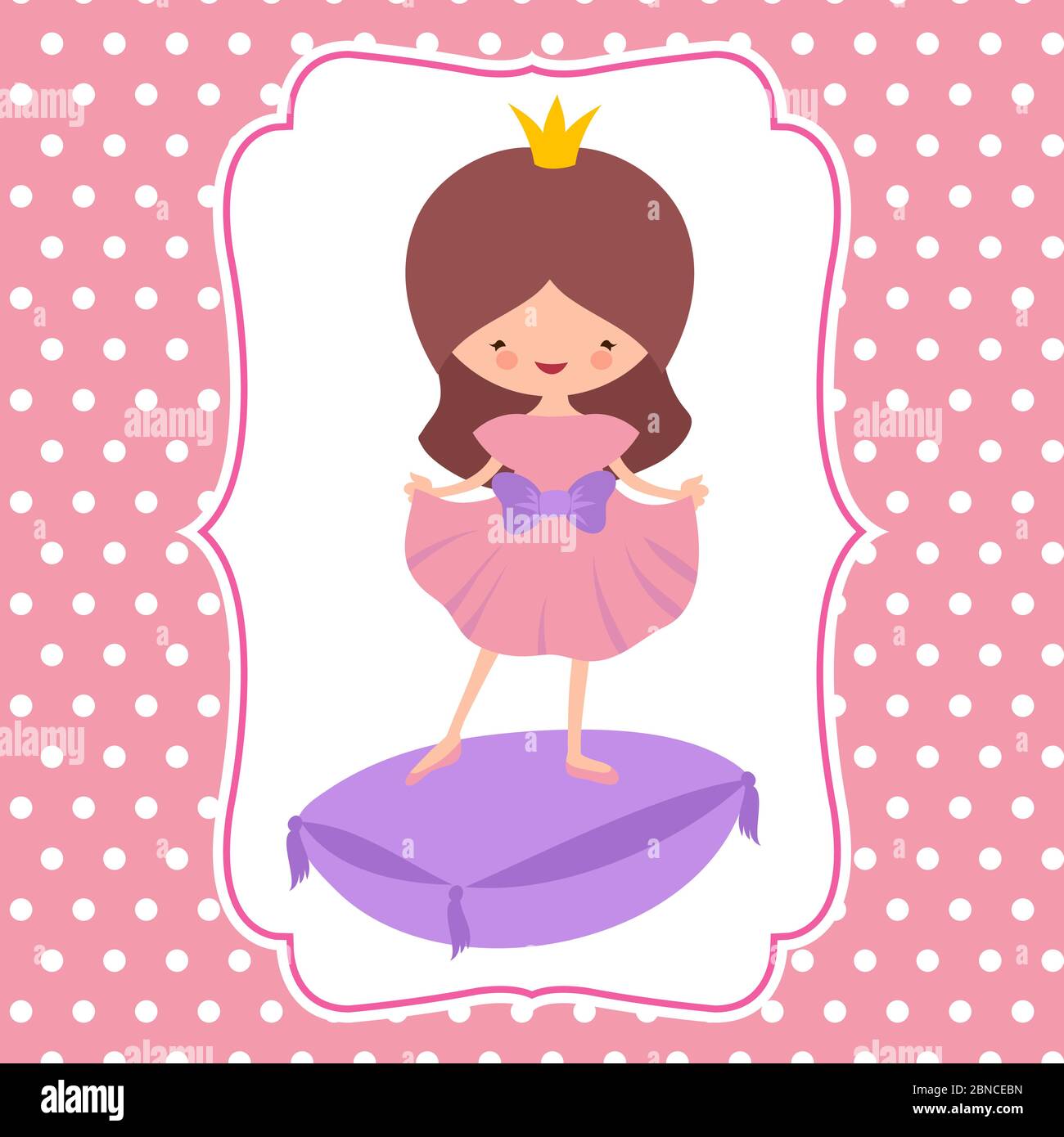 Petit personnage de dessin animé princesse doux modèle de carte vectorielle. Femme costume de princesse, avatar fille enfant avec couronne Illustration de Vecteur